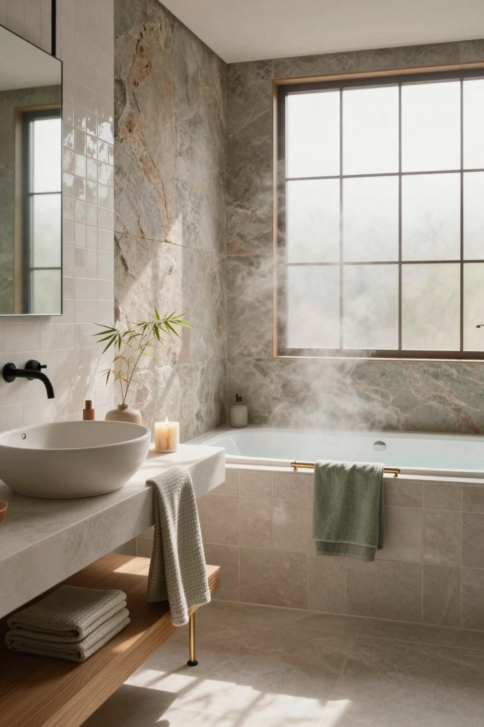 Small master bath with white oak vanity and natural stone wall