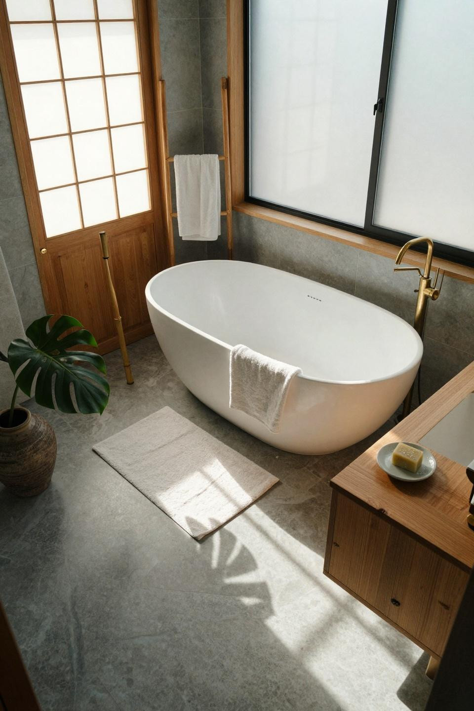 Small master bath overhead view with teak vanity and bamboo accents