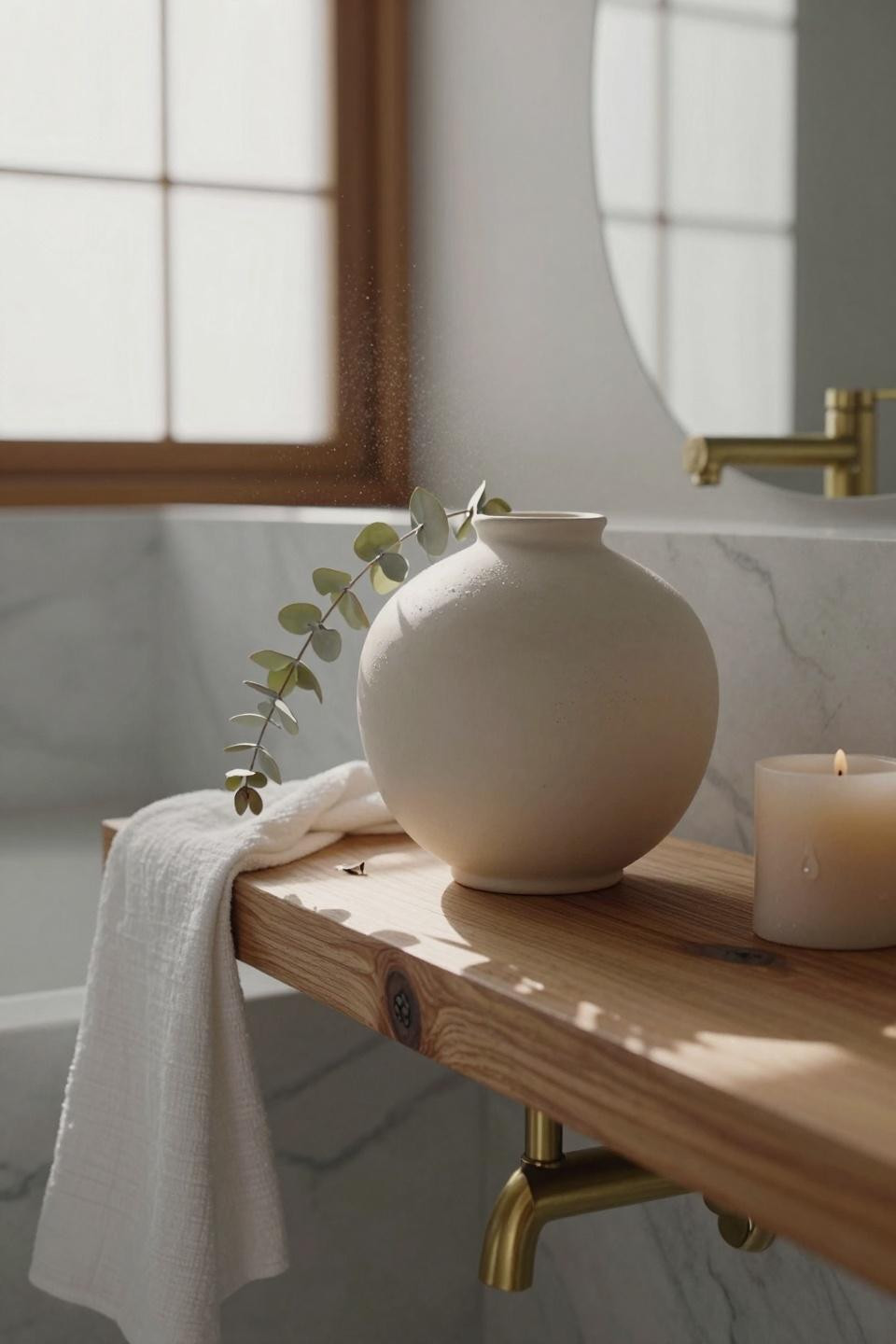 Small master bath with ceramic vessel sink on natural wood shelf