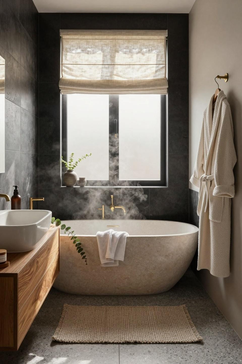 Small master bath with floating oak vanity and soaking tub