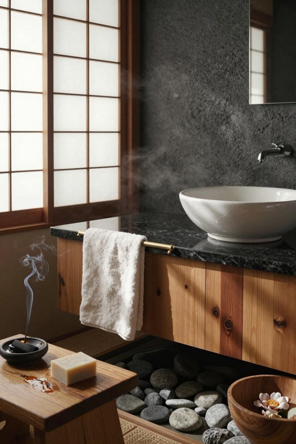 Small master bath closeup showing wood tub detail and natural textures