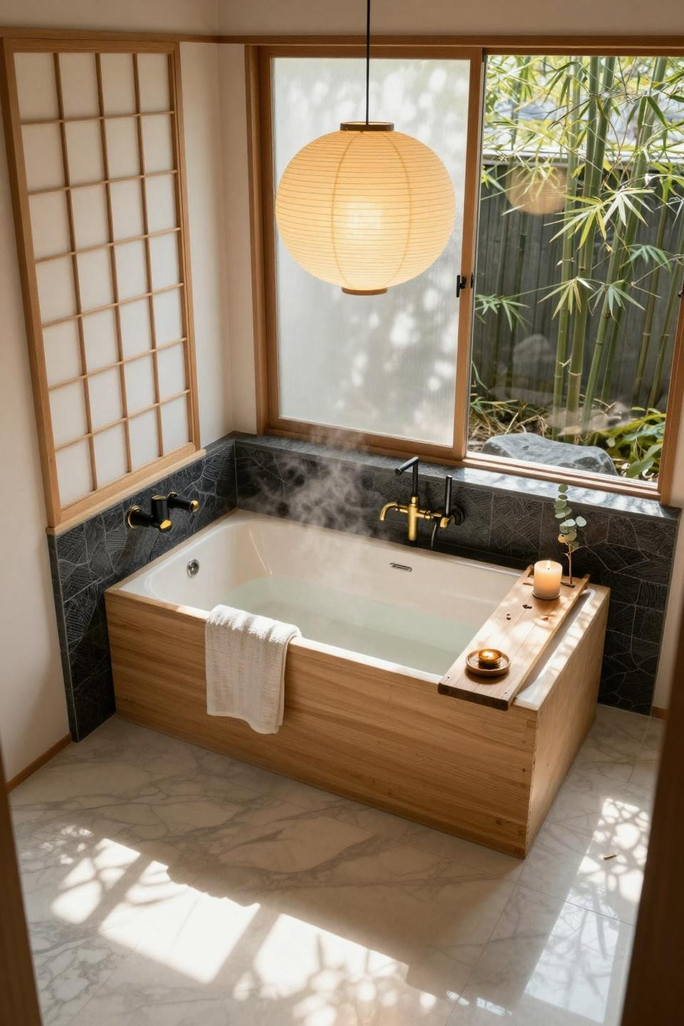 Small master bath with hinoki wood tub and minimal Japanese design