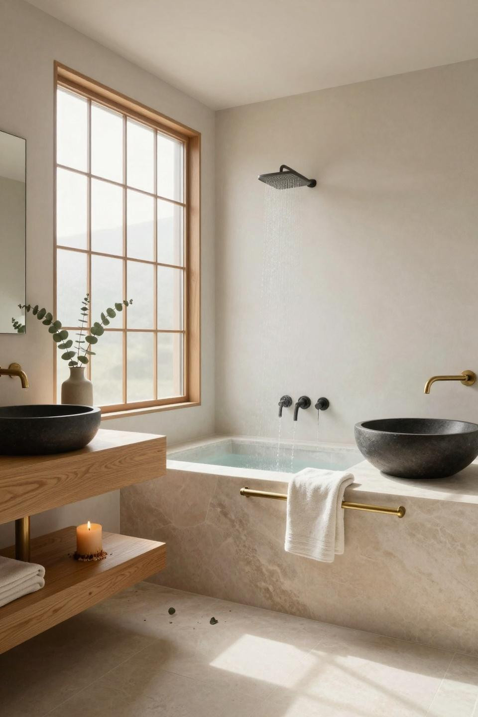 Small master bath with travertine soaking nook and oak vanity