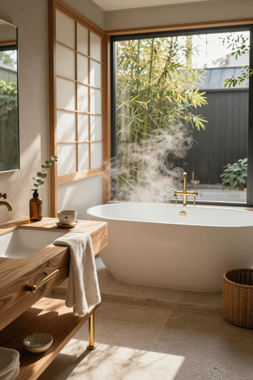 Small master bath with Japanese soaking tub and natural wood elements