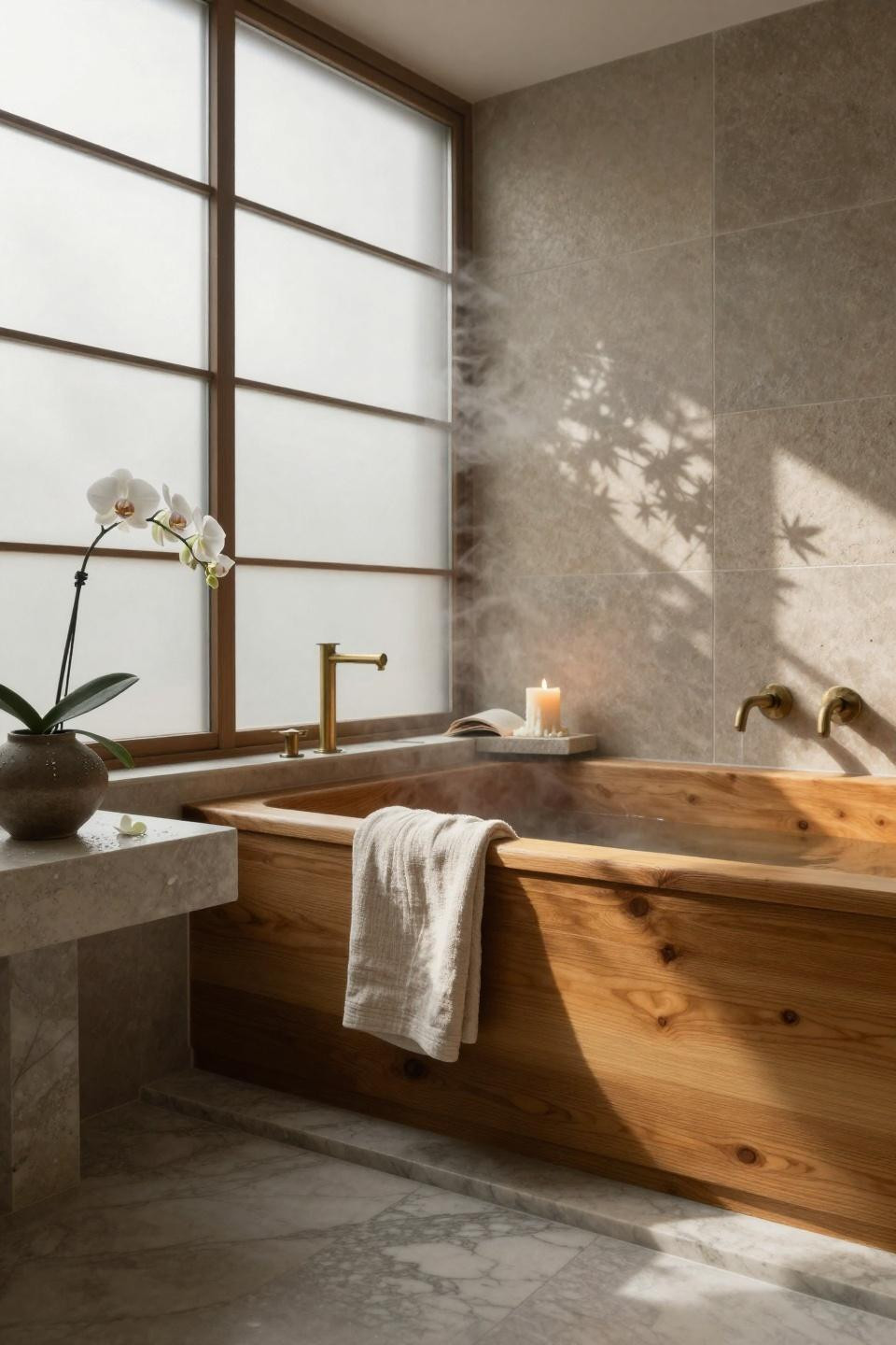Small master bath with hinoki soaking tub and limestone walls