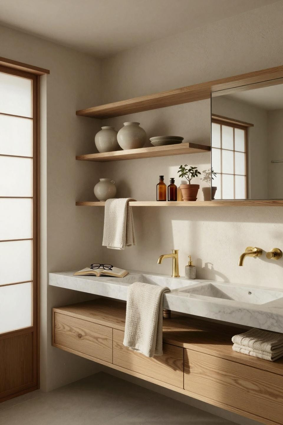Small master bath with reclaimed hinoki shelving and linen towels