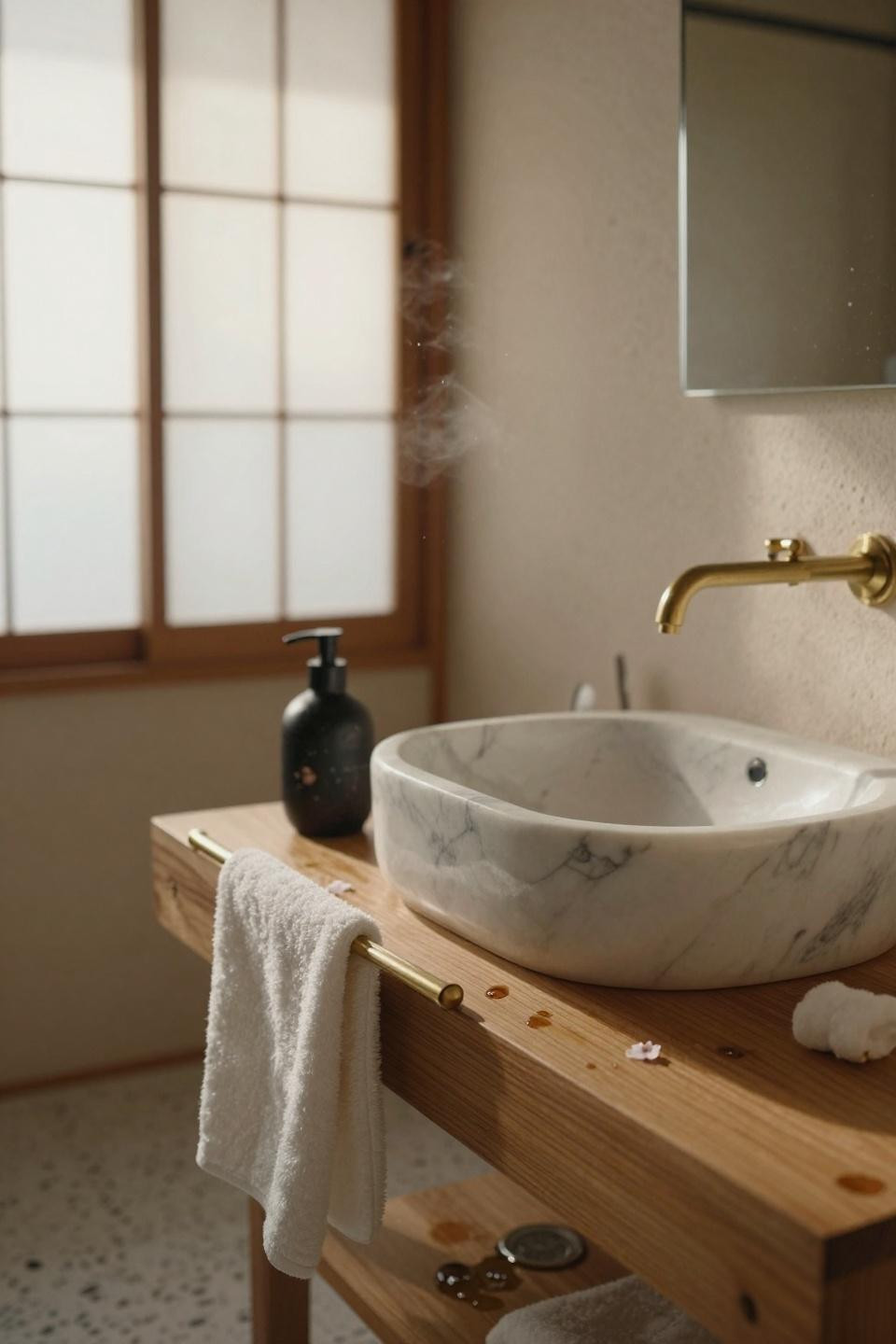 Small master bath detail showing hinoki wood vanity and marble sink