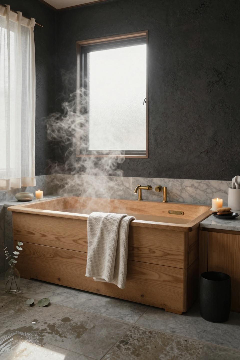 Small master bath with hinoki wood tub and natural limestone tiles