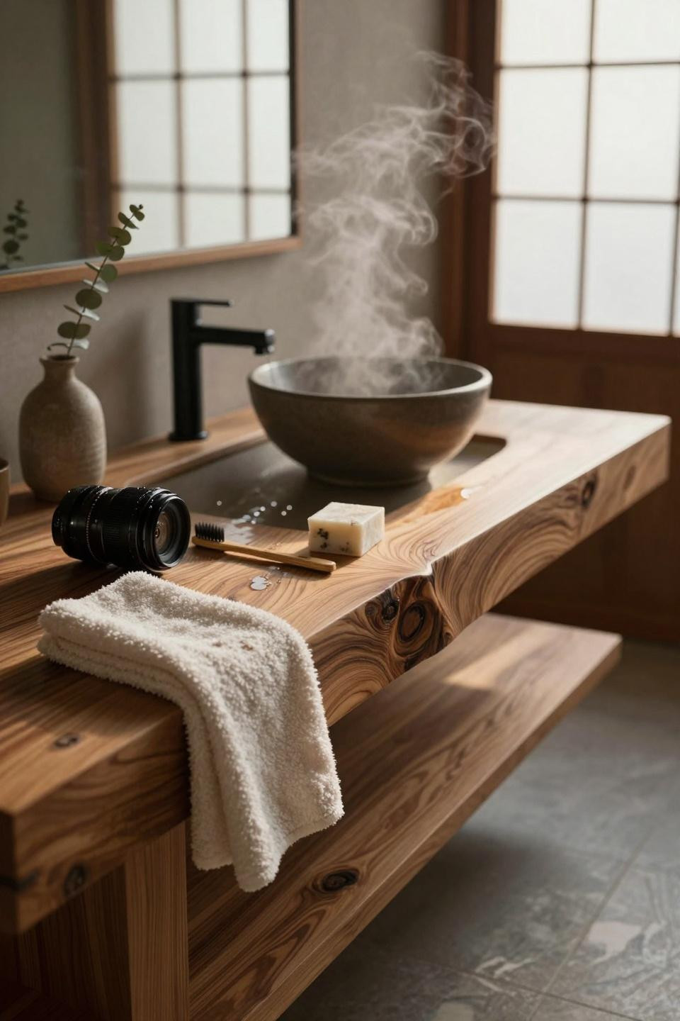 Small master bath closeup of teak wood grain and natural textures