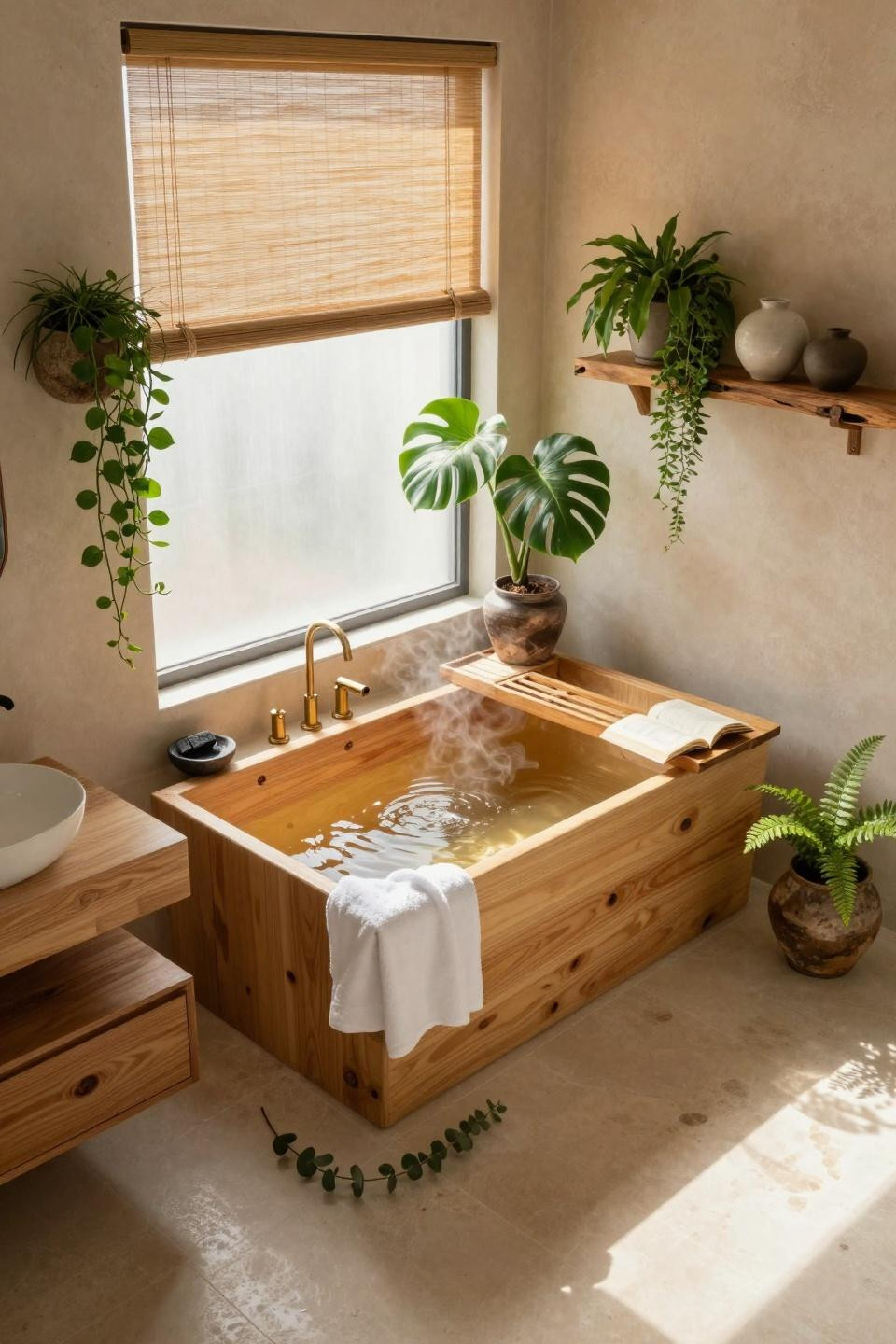 Small master bath with hinoki tub, floating shelf, and plants