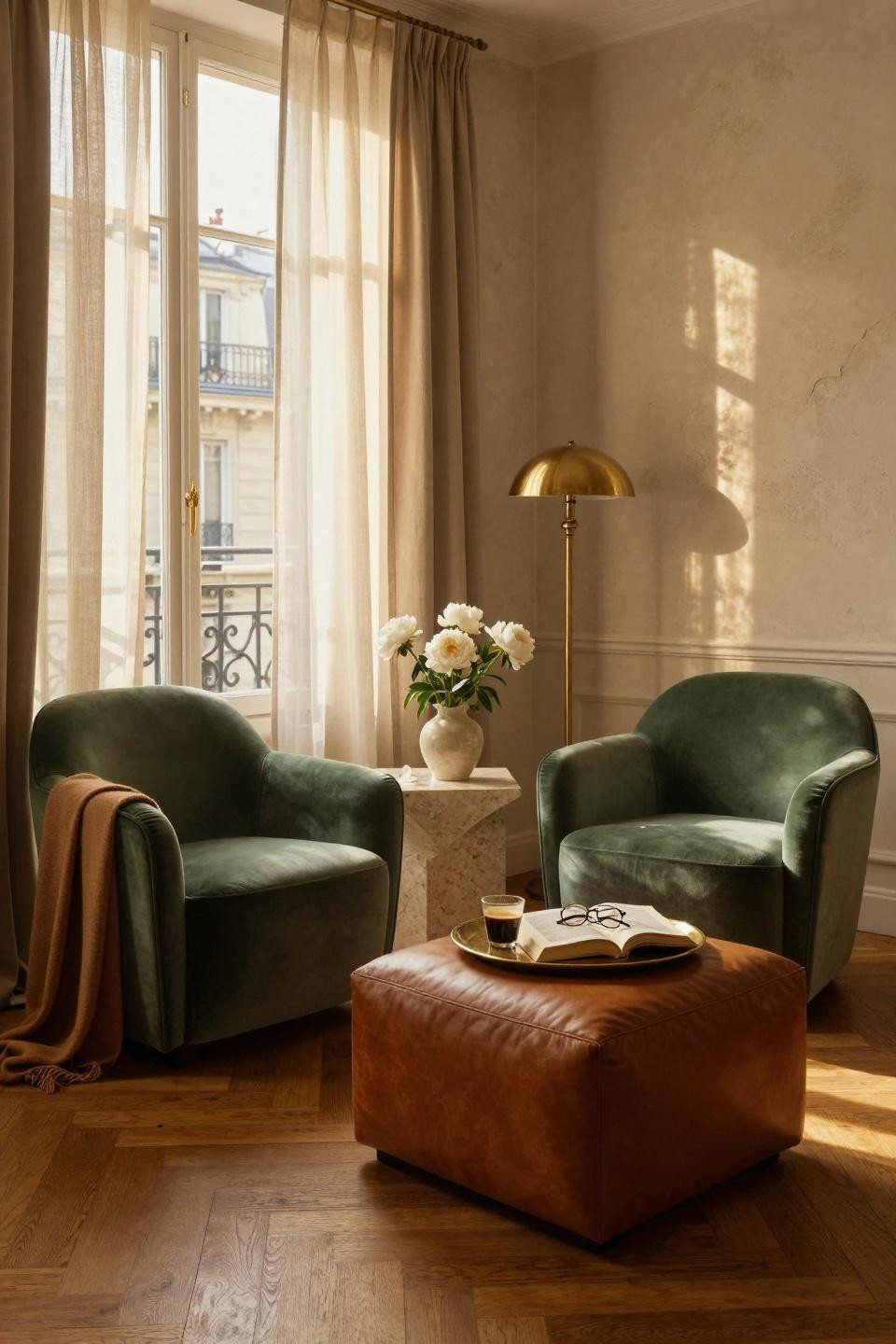 Small Sitting Room Ideas - cognac leather with trailing plants