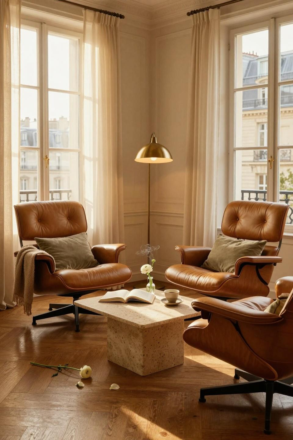 Small Sitting Room Ideas - cognac leather with travertine coffee table