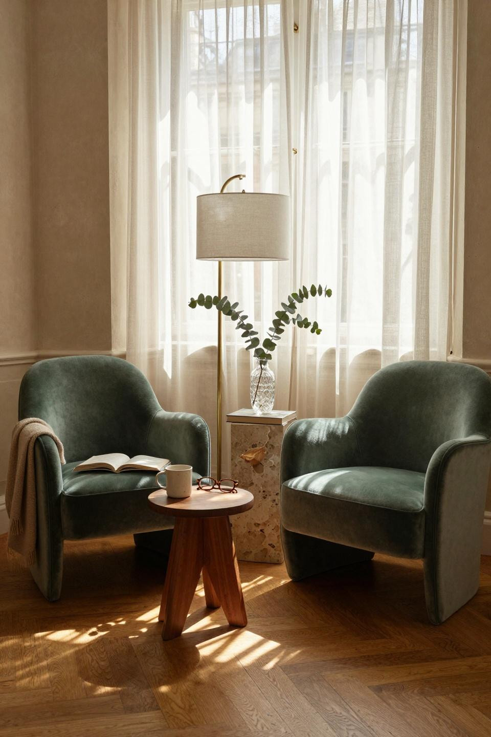 Small Sitting Room Ideas - sage green velvet reading nook