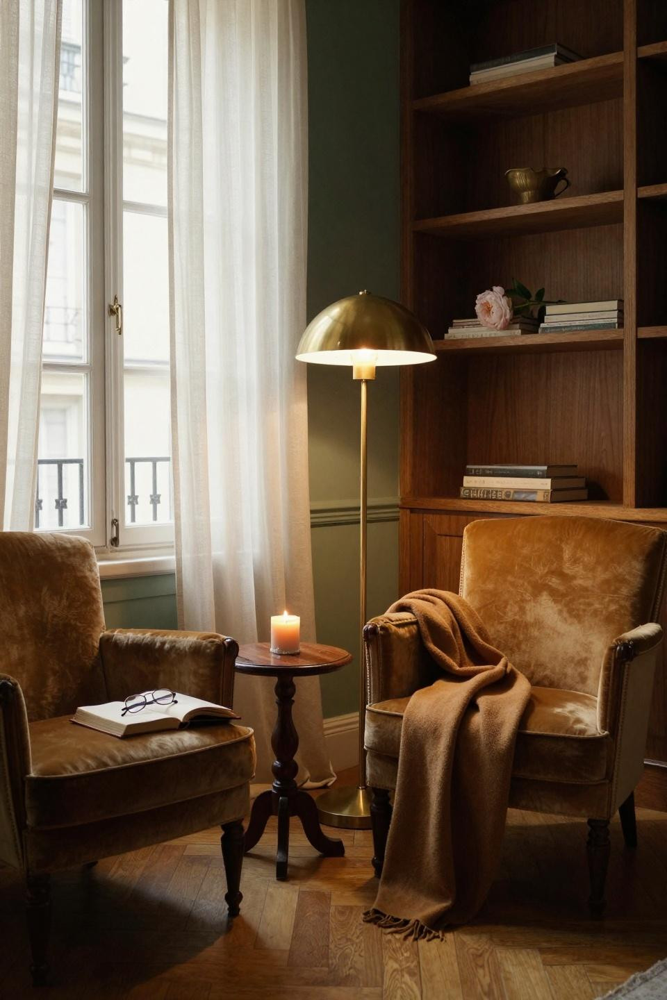 Small Sitting Room Ideas - sage green walls with oak accents