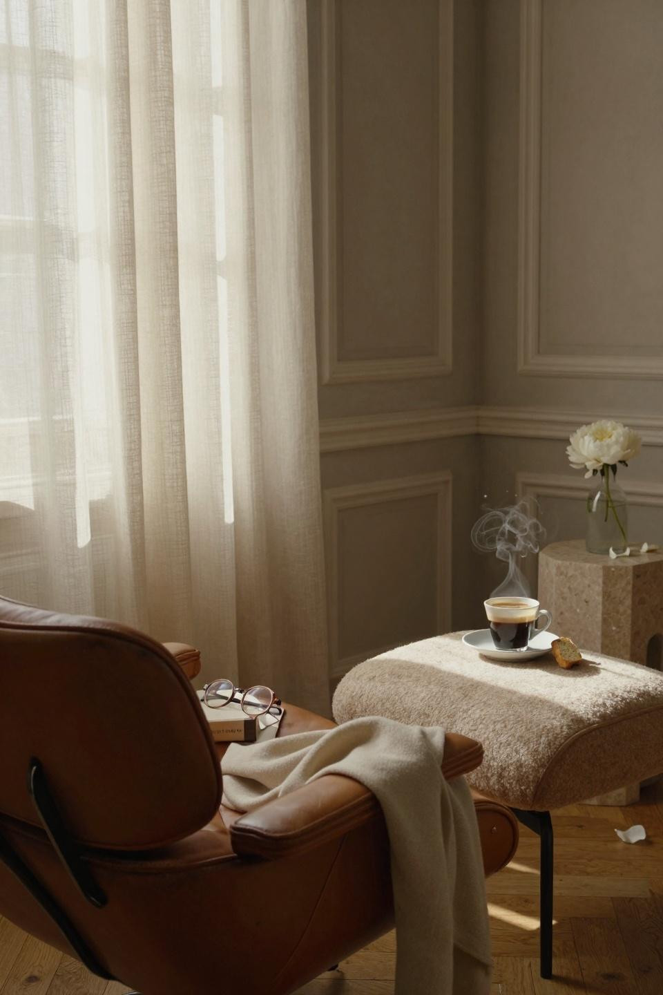 Small Sitting Room Ideas - ivory curtains with leather reading chair