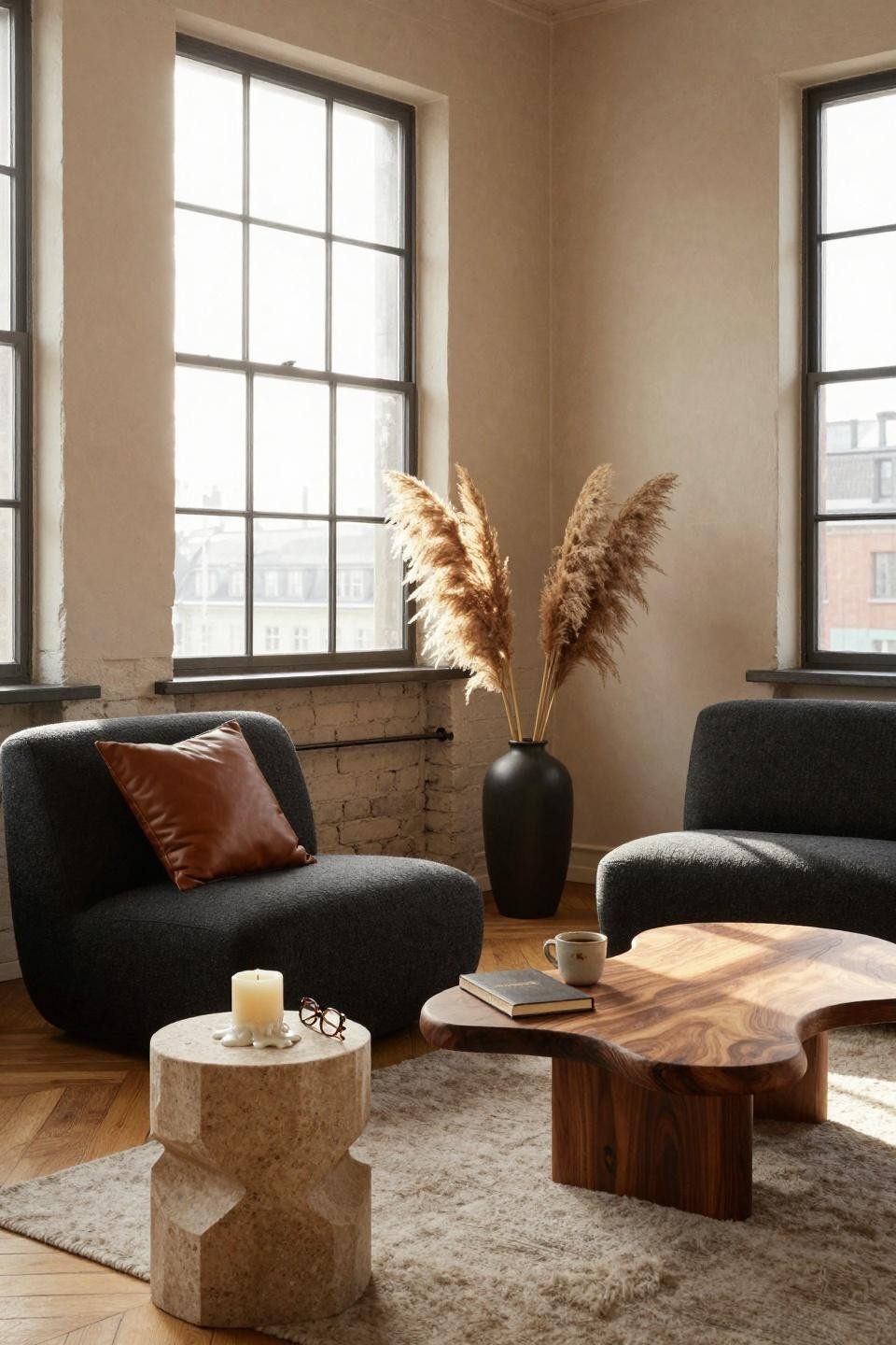 Small Sitting Room Ideas - Scandinavian charcoal bouclé chairs