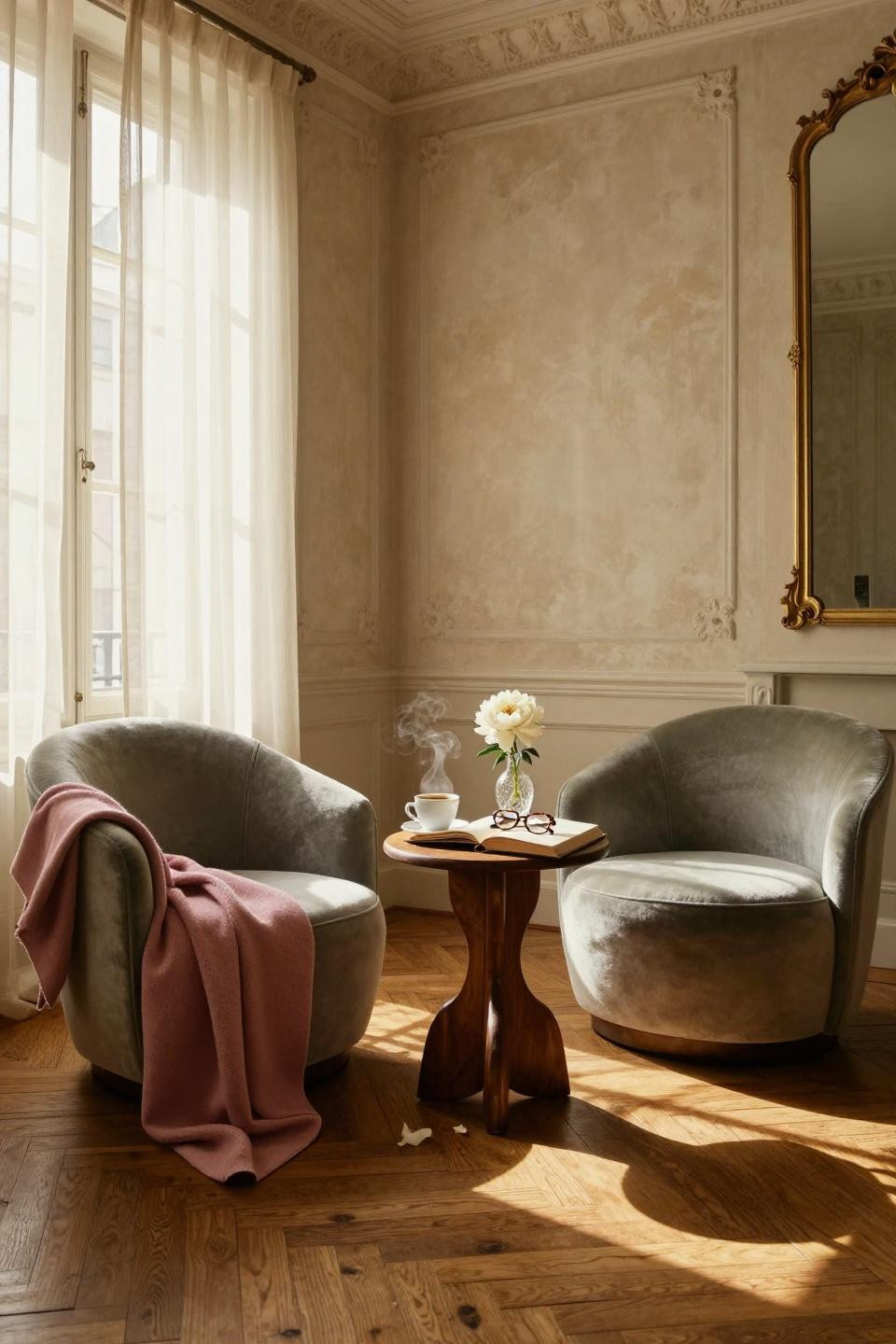 Small Sitting Room Ideas - velvet chairs with travertine table