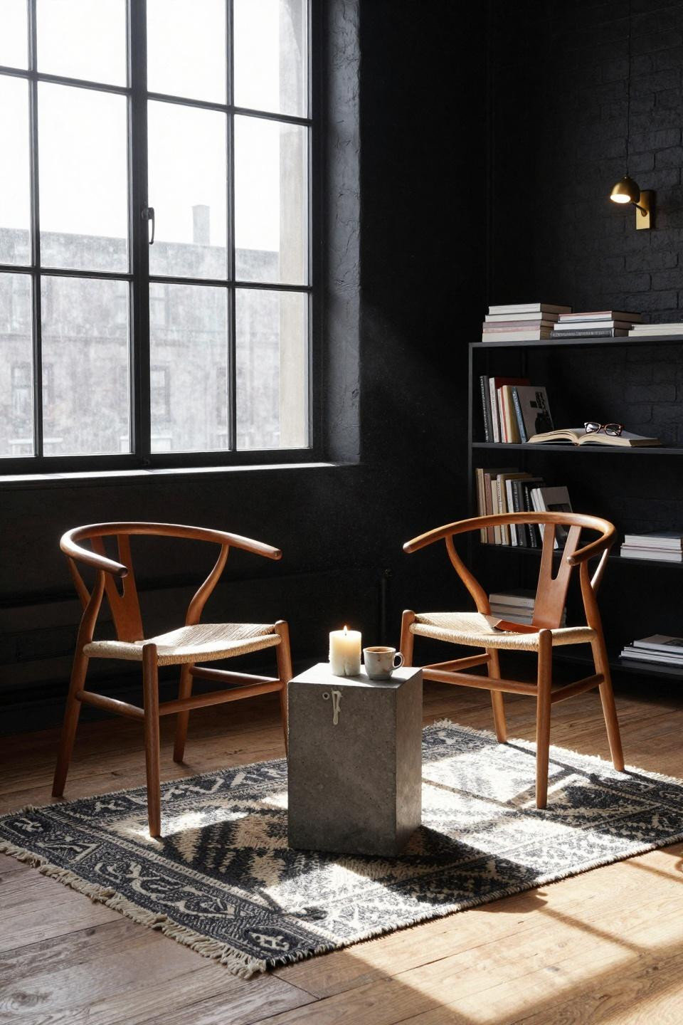 Small Sitting Room Ideas - wishbone chairs geometric rug