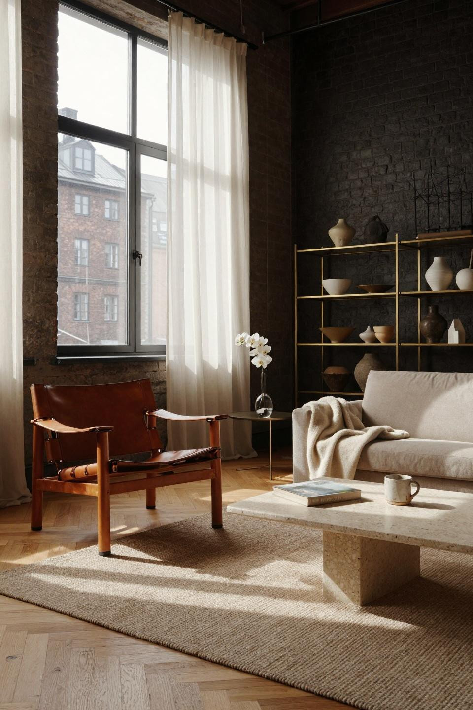 Small Sitting Room Ideas - tall shelving in minimal loft