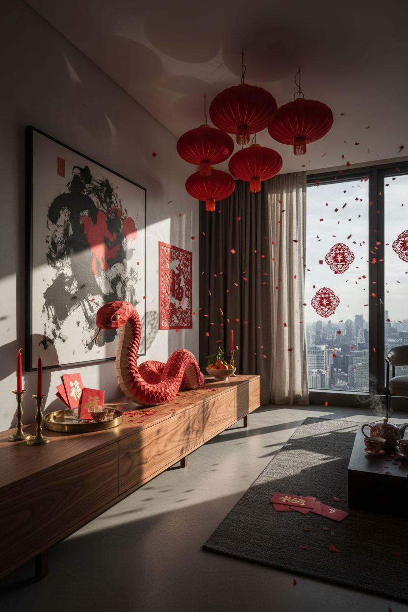 Chinese New Year crafts - paper snake sculpture on walnut console