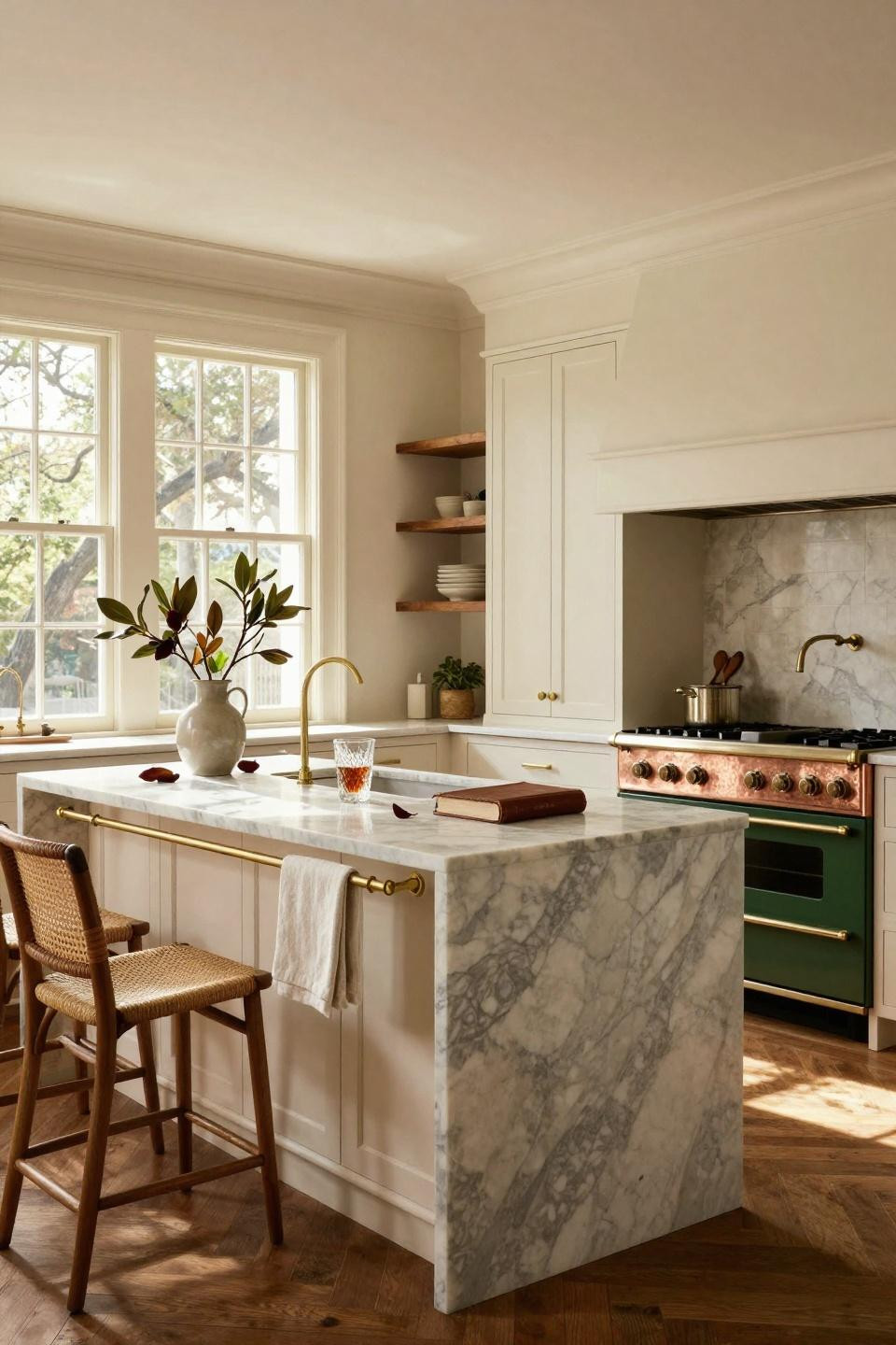 classic southern home decor - kitchen with brass fixtures and marble
