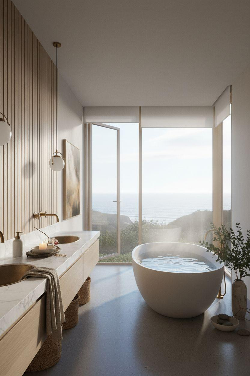 Spa Home Bathroom with white oak slat wall and marble vanity