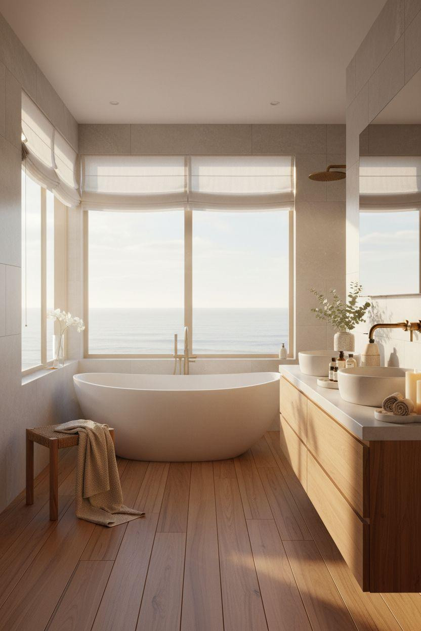 Spa Home Bathroom with teak wood and Pacific ocean panorama