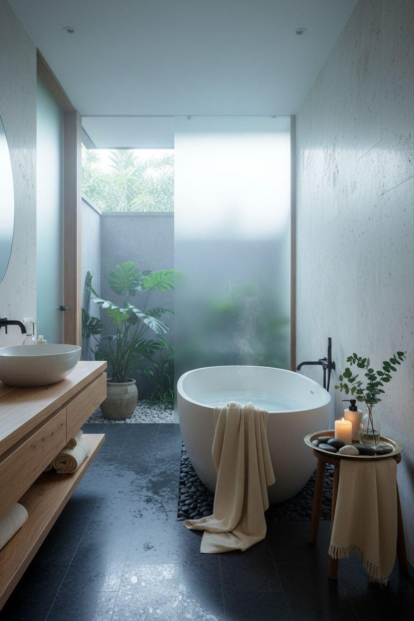 Spa Home Bathroom with open garden views and tropical plants