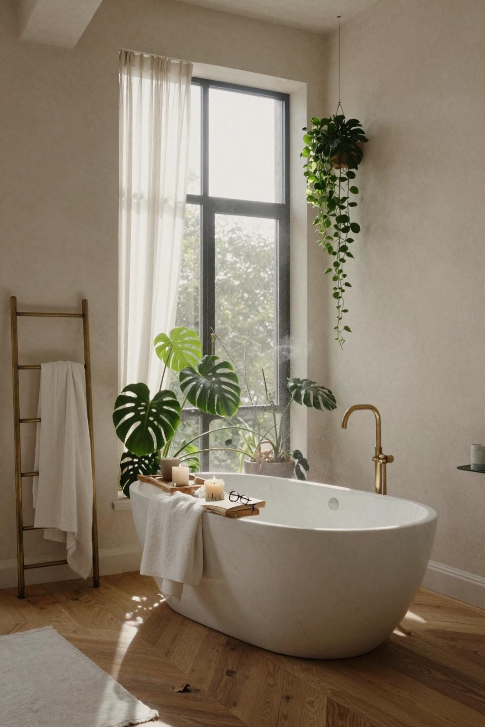 Bathroom ideas with lime-washed walls and marble soaking tub