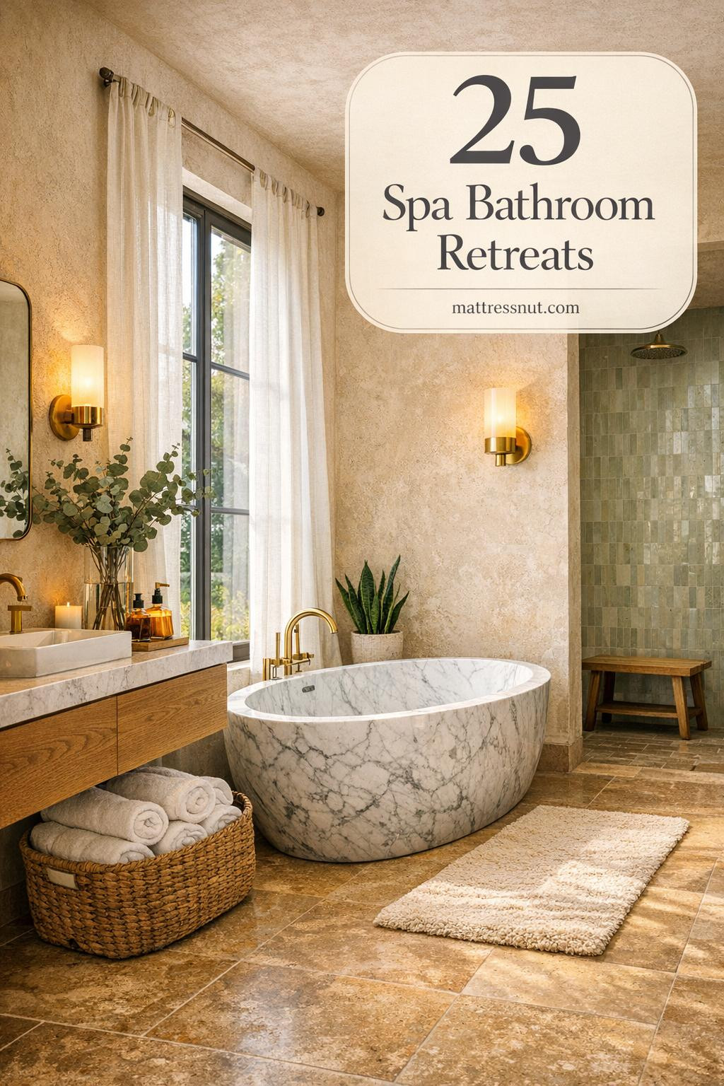 Luxurious bathroom featuring freestanding Carrara marble soaking tub near windows, white oak vanity, brass fixtures, travertine floors, eucalyptus decor