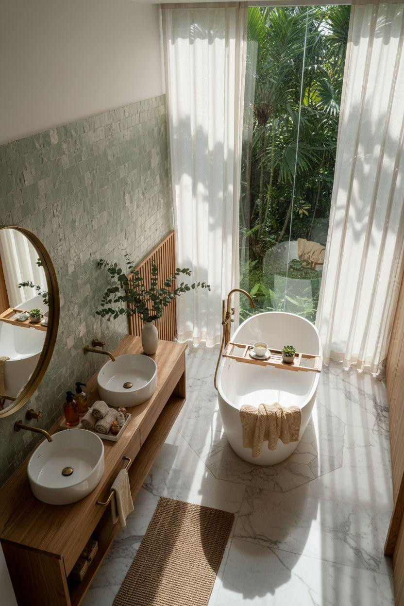 Spa Home Bathroom with sage zellige tiles and dramatic afternoon light