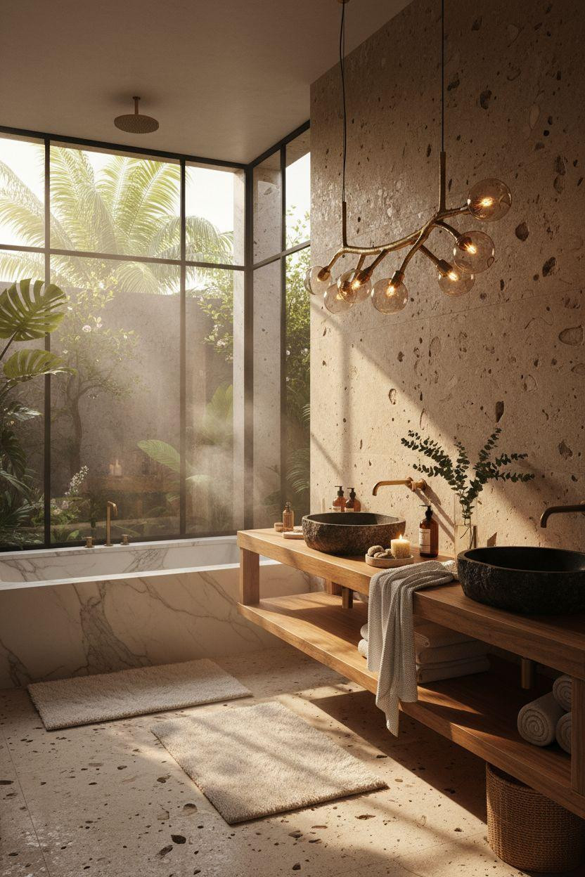 Spa Home Bathroom with dramatic brass lighting and sunken soaking tub