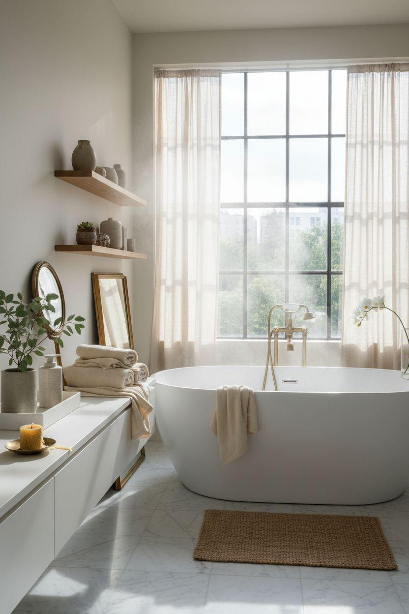 Spa Home Bathroom with vintage brass fixtures and organic linen