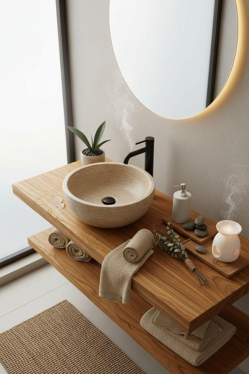 Spa Home Bathroom vanity with styled teak tray and river stones