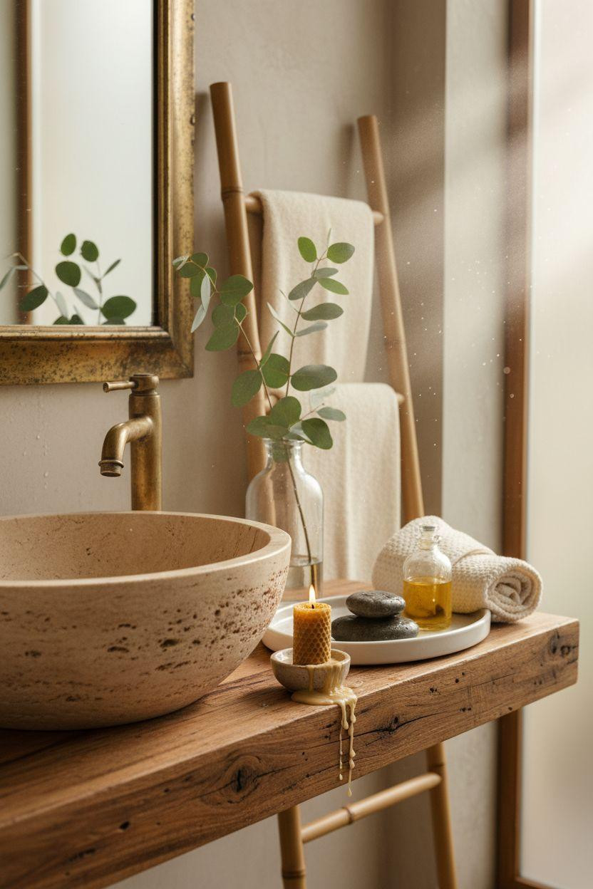 Spa Home Bathroom with weathered teak and travertine vessel sink