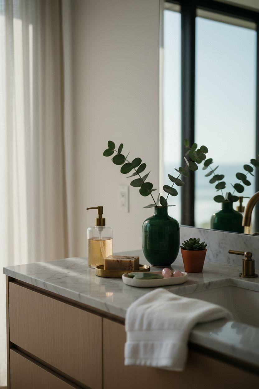 Spa Home Bathroom vanity with emerald ceramic and brass accents