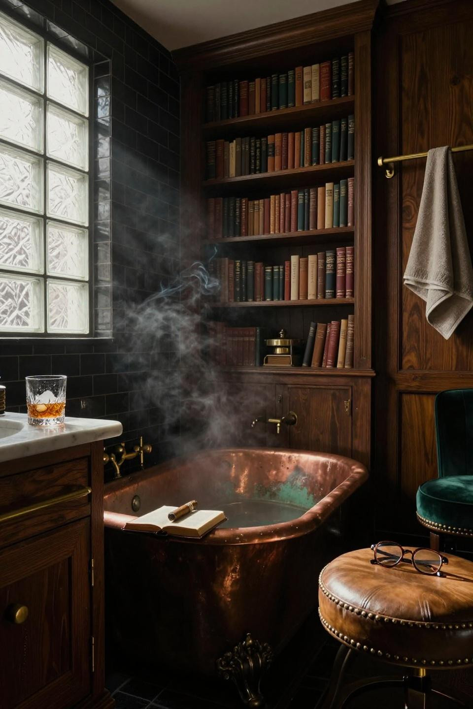 Speakeasy room ideas showing bathroom with copper tub and subway tiles