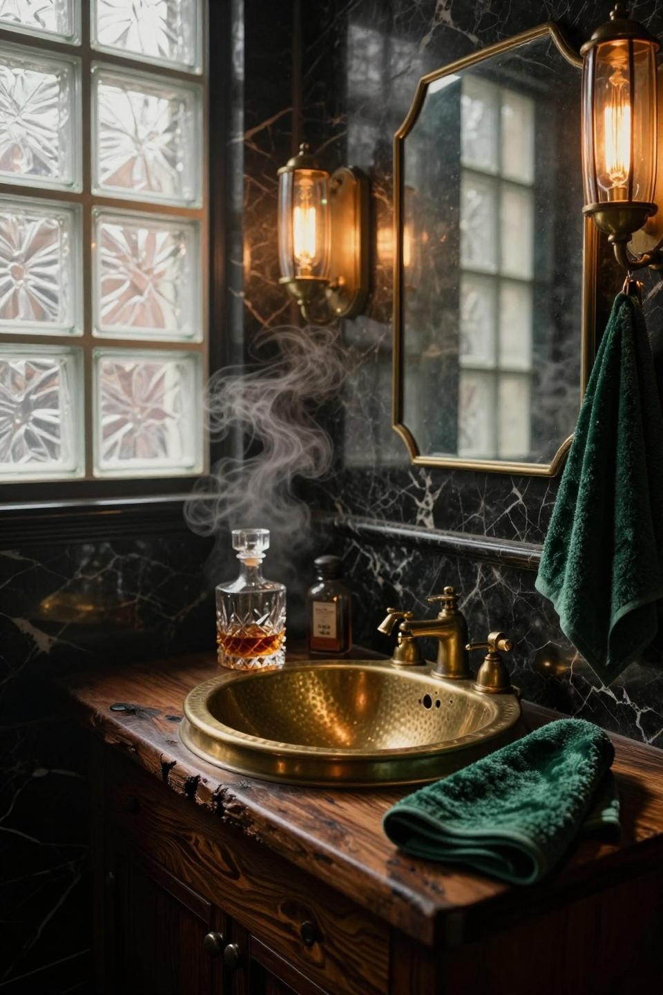 Speakeasy room ideas bathroom with black marble and brass basin