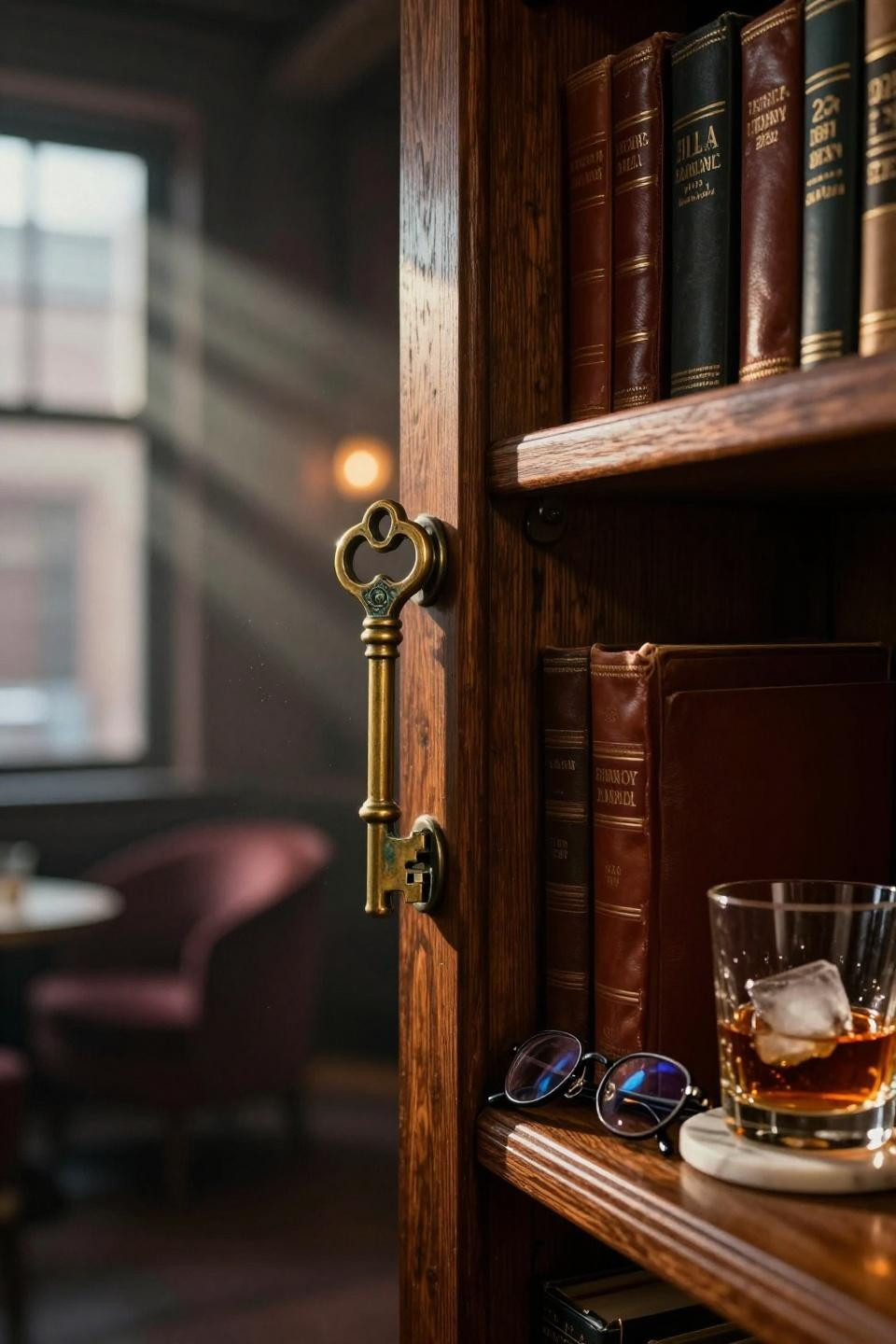 Speakeasy room ideas entrance with brass skeleton key handle