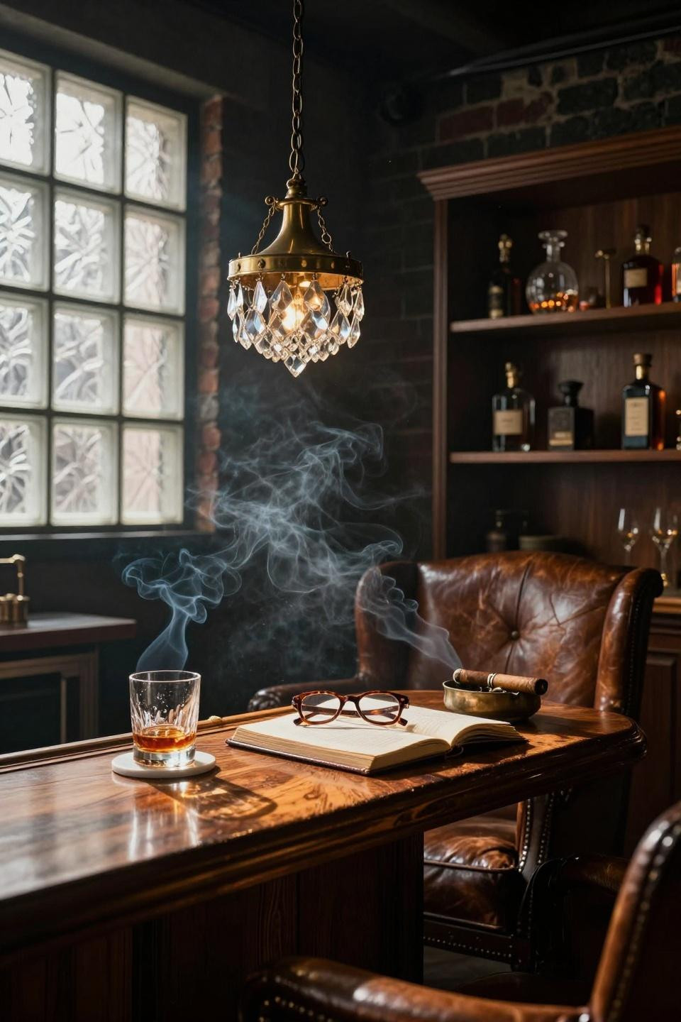 Speakeasy room ideas with dramatic brass and crystal chandelier