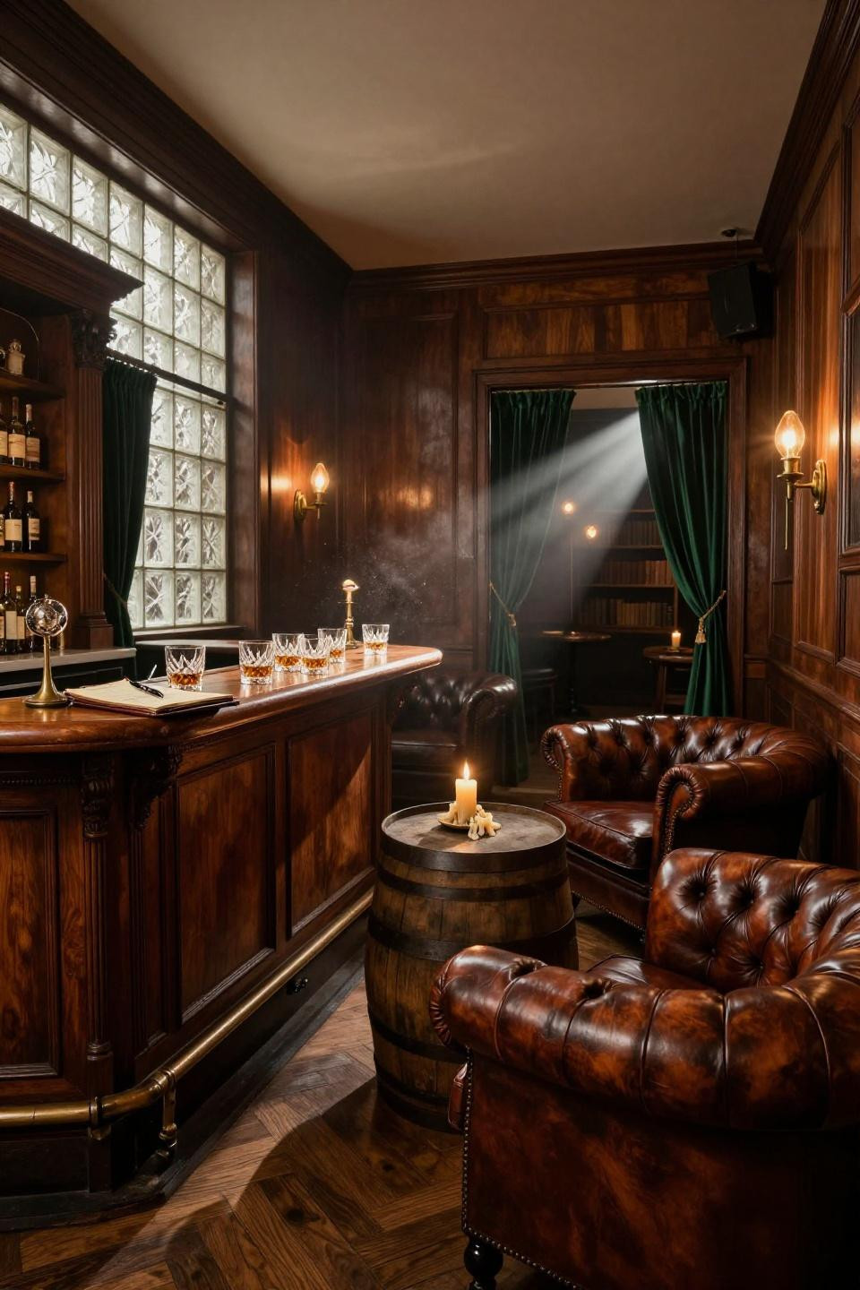 Speakeasy room ideas with mahogany walls and barrel table
