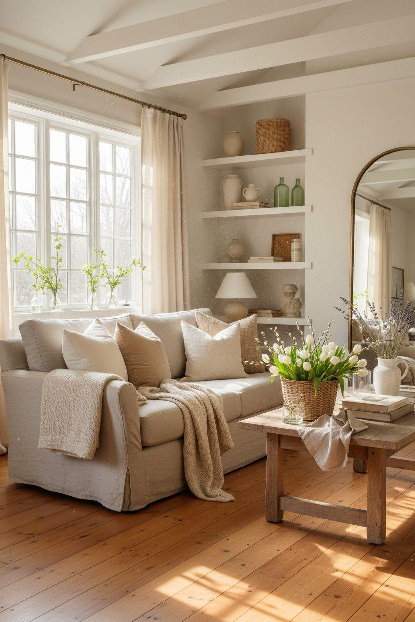 Spring decorating ideas for the home - neutral living room with spring florals
