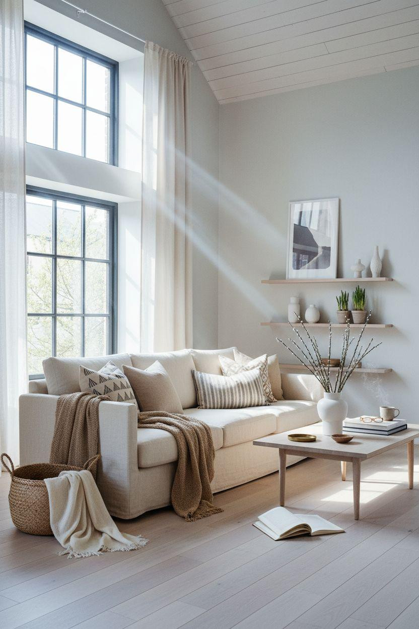 Spring decorating ideas for the home - Scandinavian living room with geometric pillows