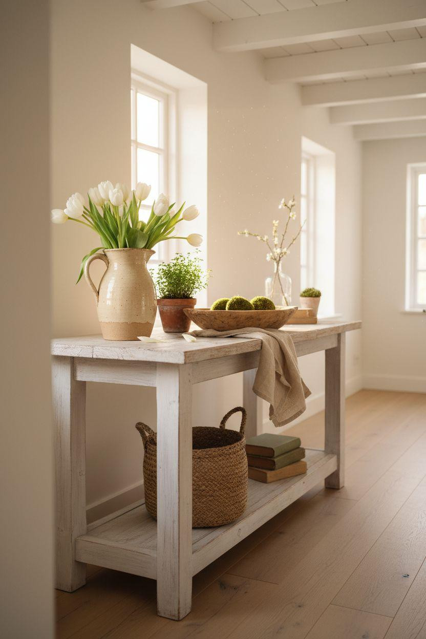 Spring decorating ideas for the home - simple white console table vignette