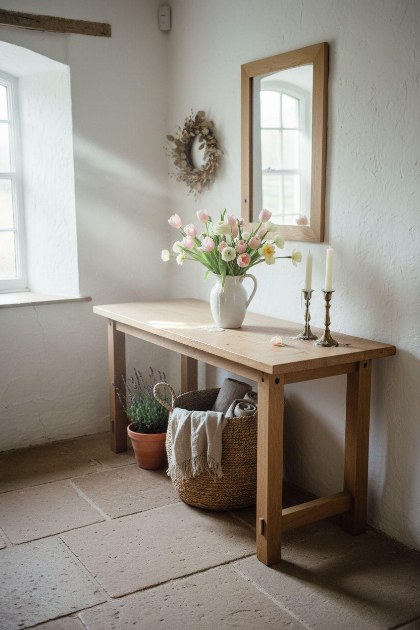 Spring decorating ideas for the home - stone cottage entryway with soft florals