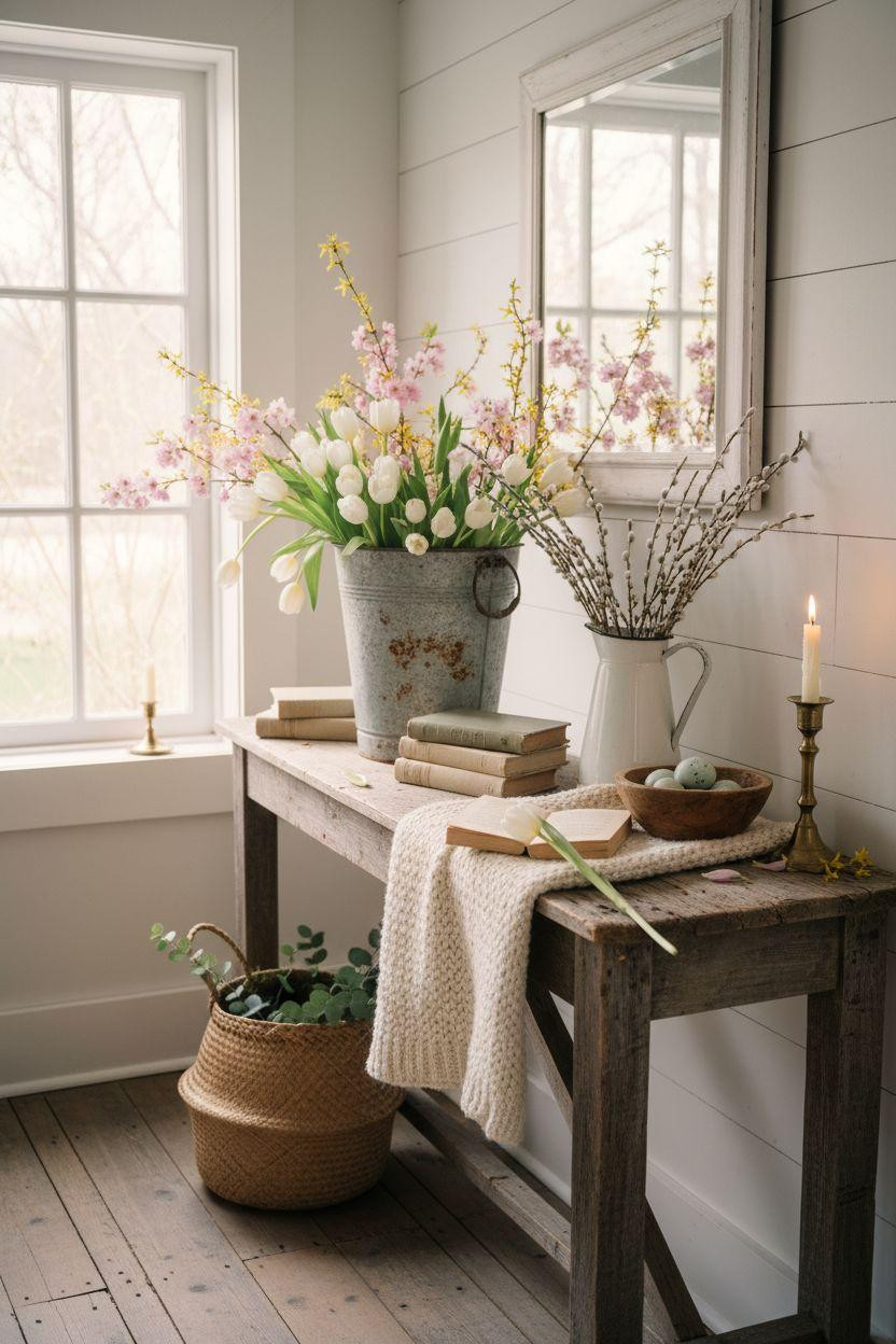 Spring decorating ideas for the home - farmhouse console with white tulips