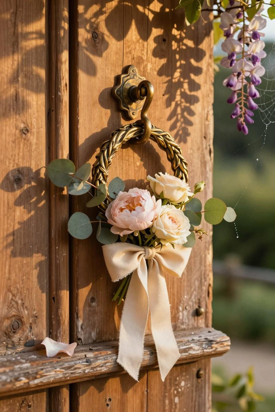 spring door hangers - sculptural brass holder with blush spring florals
