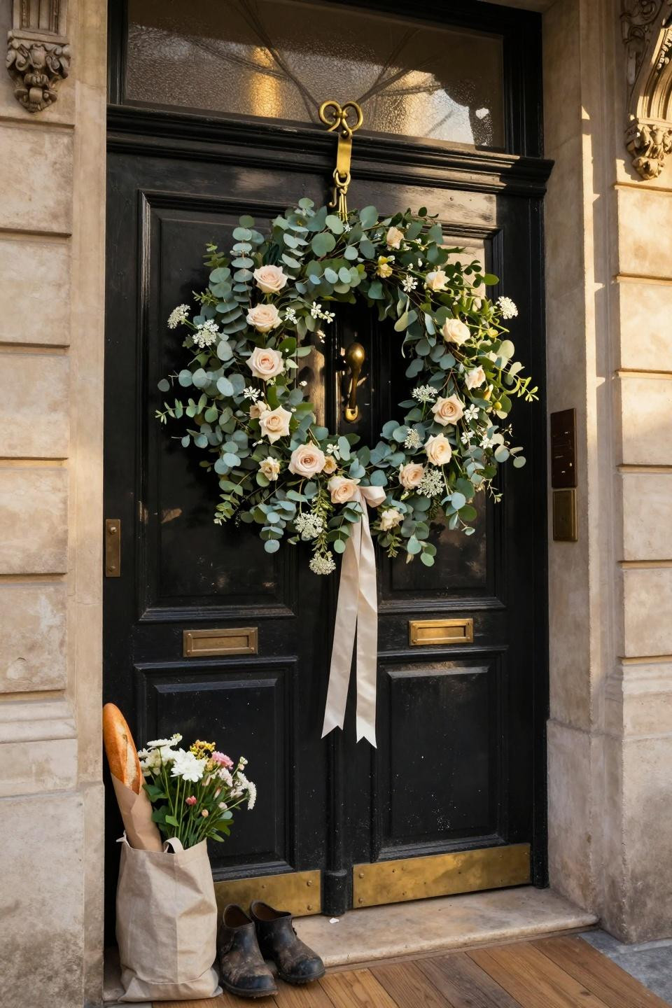 spring door hangers - oversized wreath with aged brass scrollwork hanger