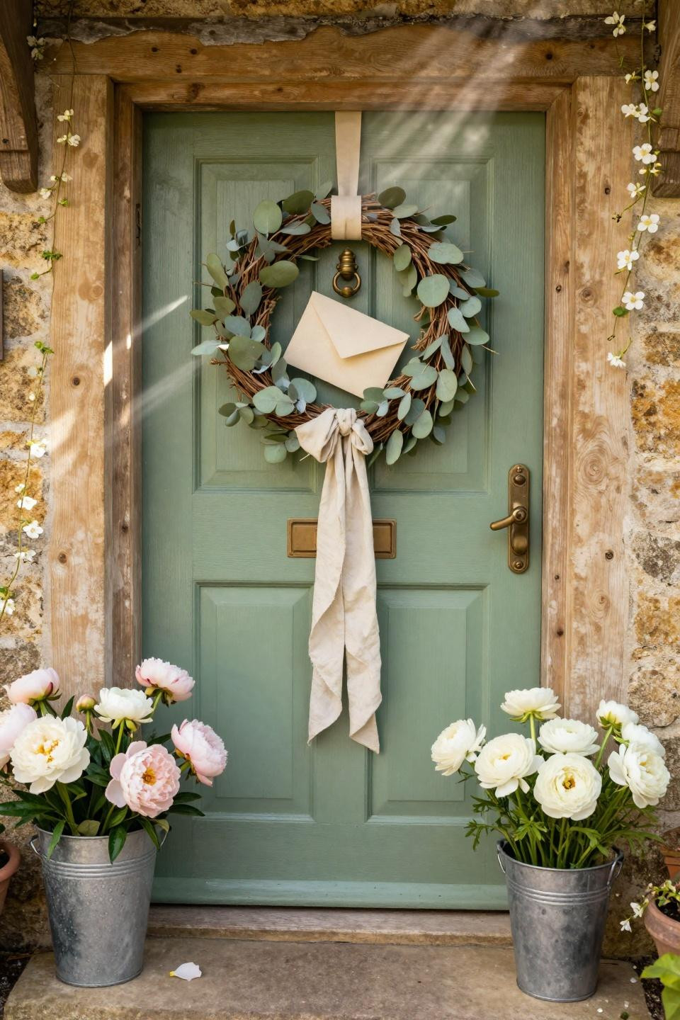 spring door hangers - distressed sage wood hanger with brass hardware