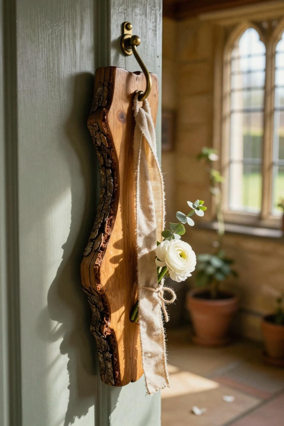 spring door hangers - organic live-edge wood hanger with natural ribbon